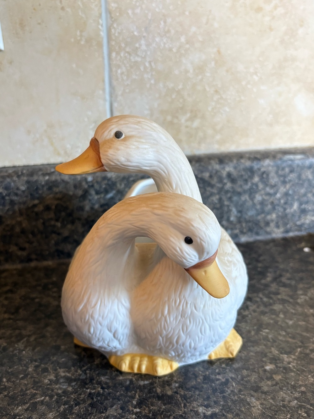 White Double Duck Figurine with Gold Beaks and Feet Porcelain